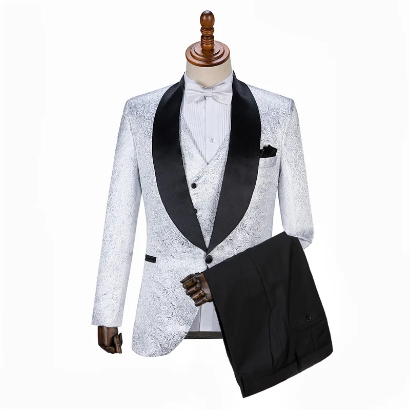 

Gwenhwyfar Wedding Men Suits 2023 New Designs Gentleman Lapel Slim Fit Black silver Flower Party Groom Tuxedo For Men 3 Pieces