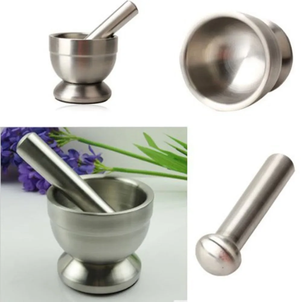 1Set Stainless Steel Mortar and Pestle Pedestal Bowl Kitchen Garlic Pugging Pot-Spice Grinder Mortar and Pestle Set(001)