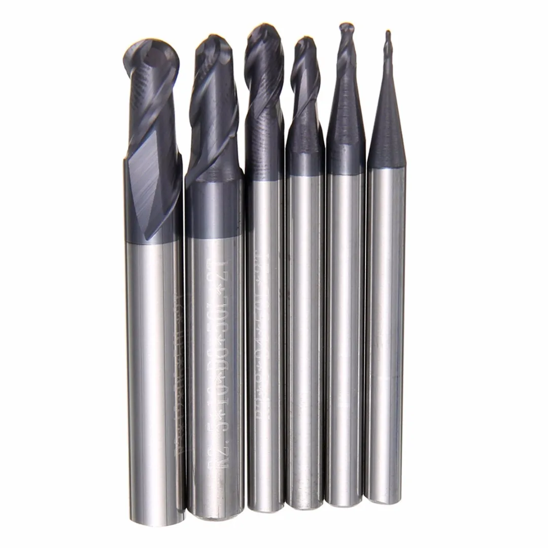 6pcs 2 Flute Ball Nose End Mill 50mm Nitrogen Coated CNC Milling Cutting R0.5-3.0mm  For Power Tools