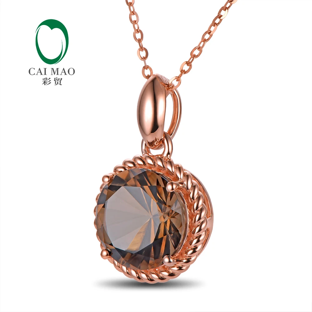 Caimao Jewelry 14kt Rose Gold 6.06ct IF Round Shape 12mm Smoky Topaz Rope Engagement Pendant