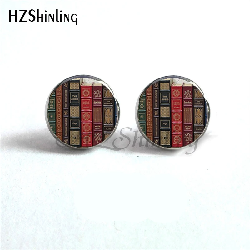 NES-00101  Library Book Earrings Vintage Books Stud Earrings Old Books Jewelry Glass Dome Earrings For Women HZ4