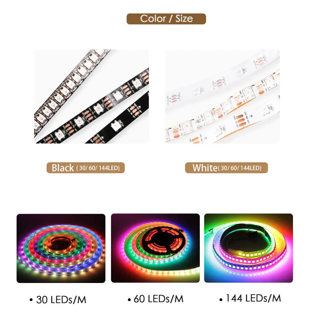 WS2812B LED Strip DC 5V Black White PCB Smart Addressable Pixel WS2812 IC 30/60/144 LEDs 17Key Bar RGB 50CM 1M 2M 3M 4M 5M