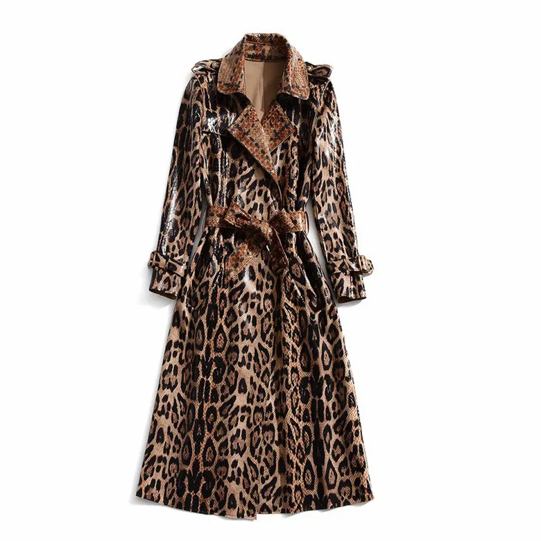 European and American women\'s 2024 winter clothing new  Long sleeve lapel  Leopard print  lace-up  Trench coat