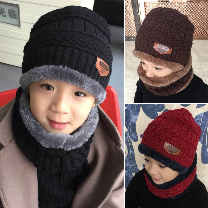 Children  Boys Winter Knitted Beanie Hat and Scarf Set Toddler Kids Warm Fleece Mask Balaclava Cap