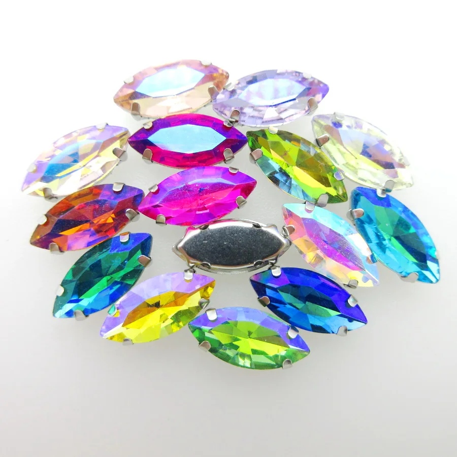 AB colors horse eye Navette Marquise shape glass Crystal strass Silver claw flatback Sew on rhinestones bag garment applique diy