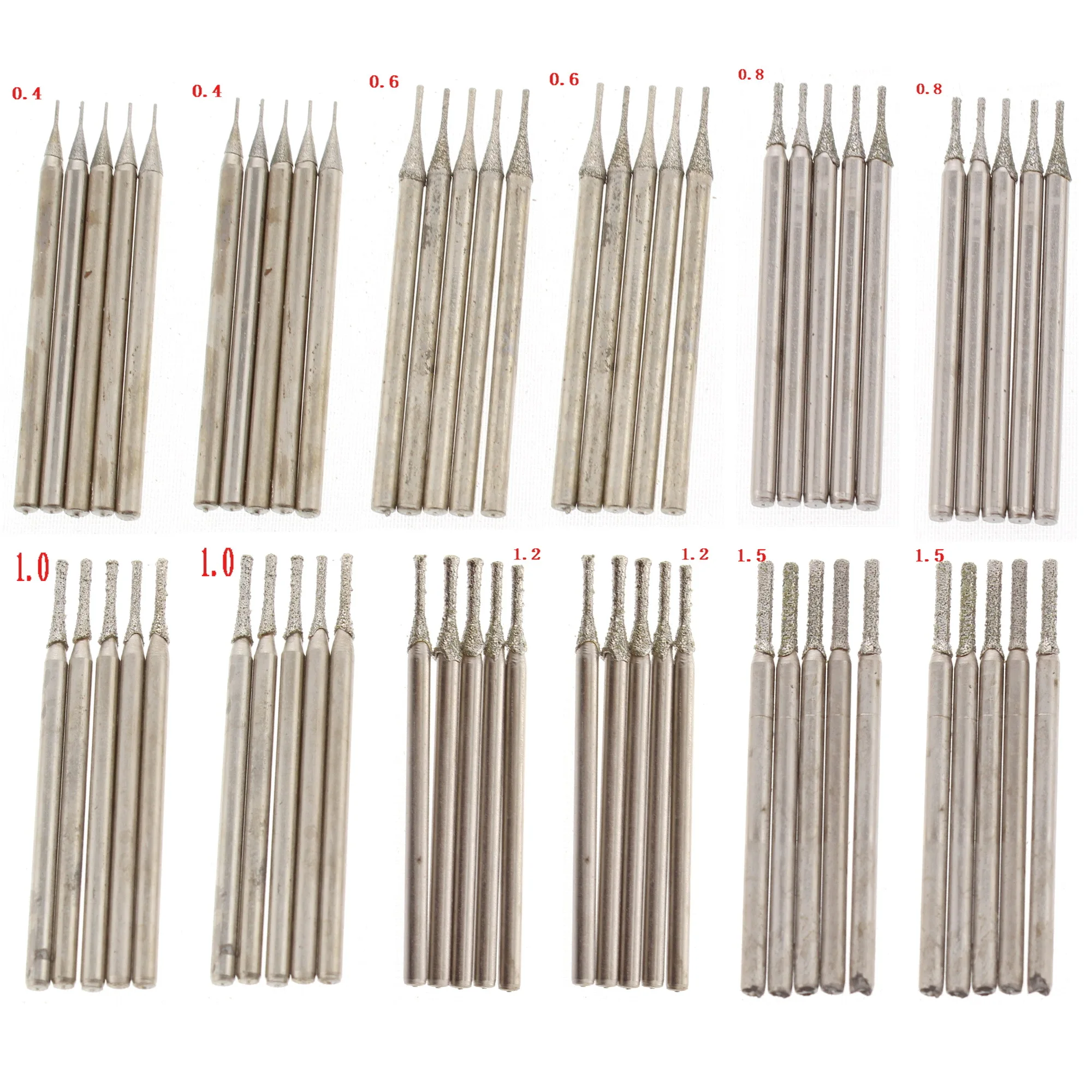 60Pcs Head Diameter 0.4 0.6 0.8 1.0 1.2 1.5mm Diamond Drill Bit Coated Jade Carving Burrs Tools for Stone