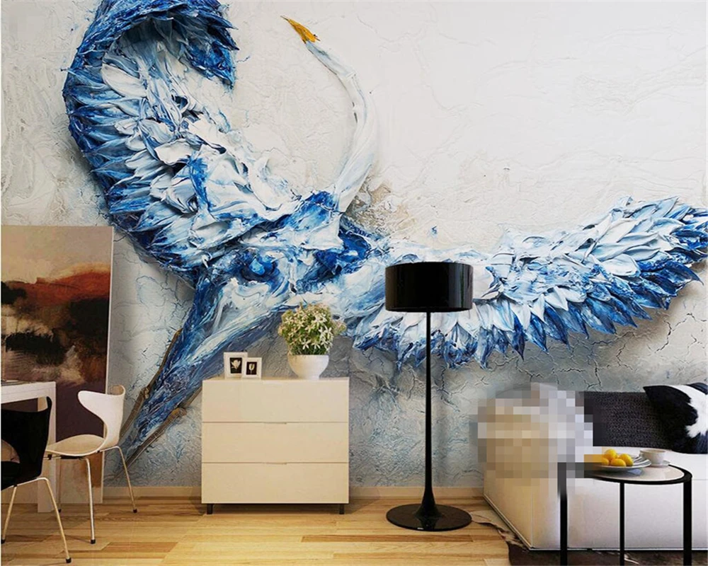 

beibehang Custom wallpaper simple blue swan wings three-dimensional oil painting background wall home decoration 3d wallpaper