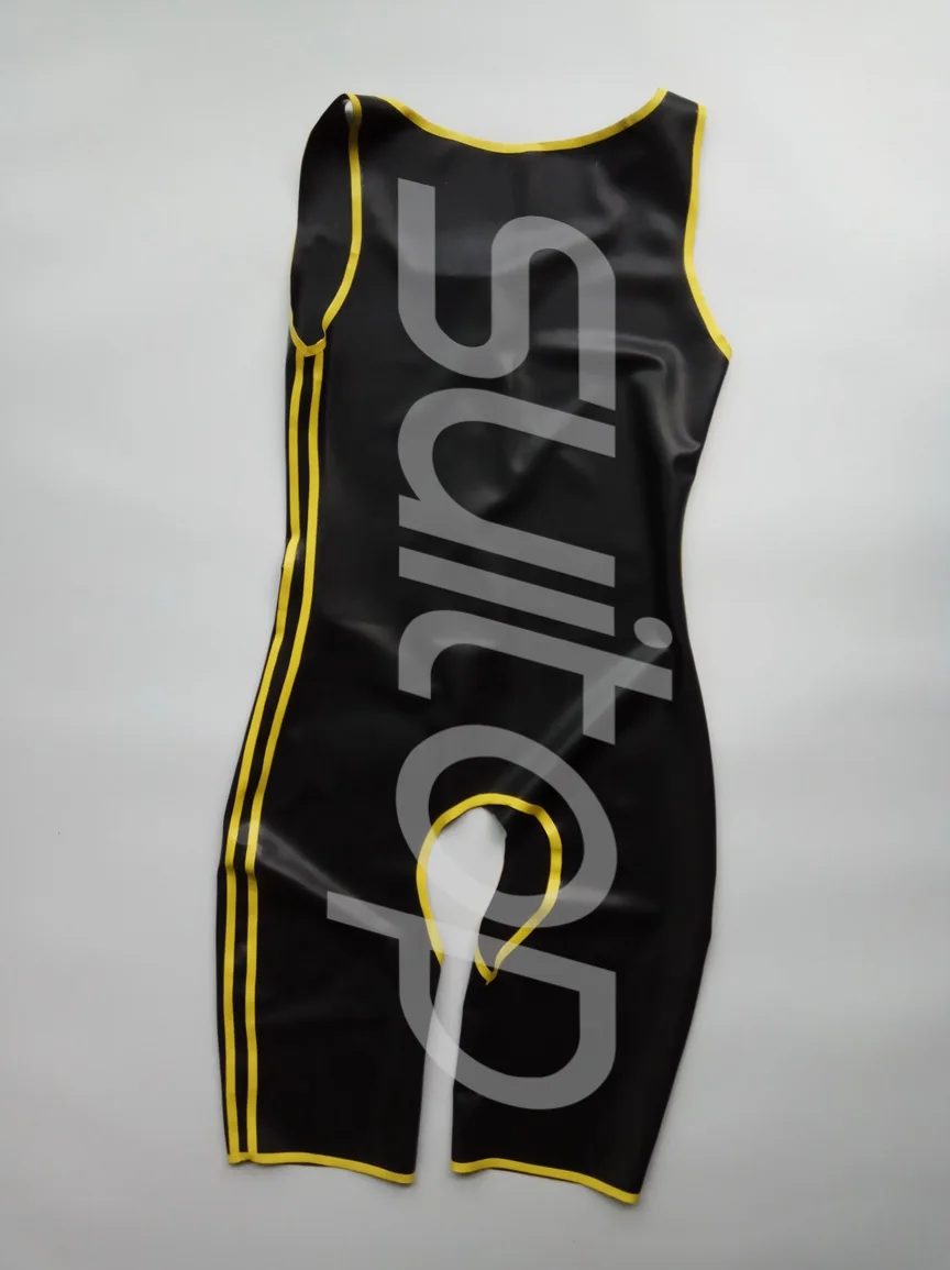 Wholesale Wet Look Sexy Men Latex Catsuit rubber Bodysuit (Black and yellow trim) open ass