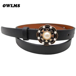 High Quality Leather Slim Belt small Fashion Women Skinny Leather Waist Strap Brown Black Thin Belts enamel flower pearl buckle