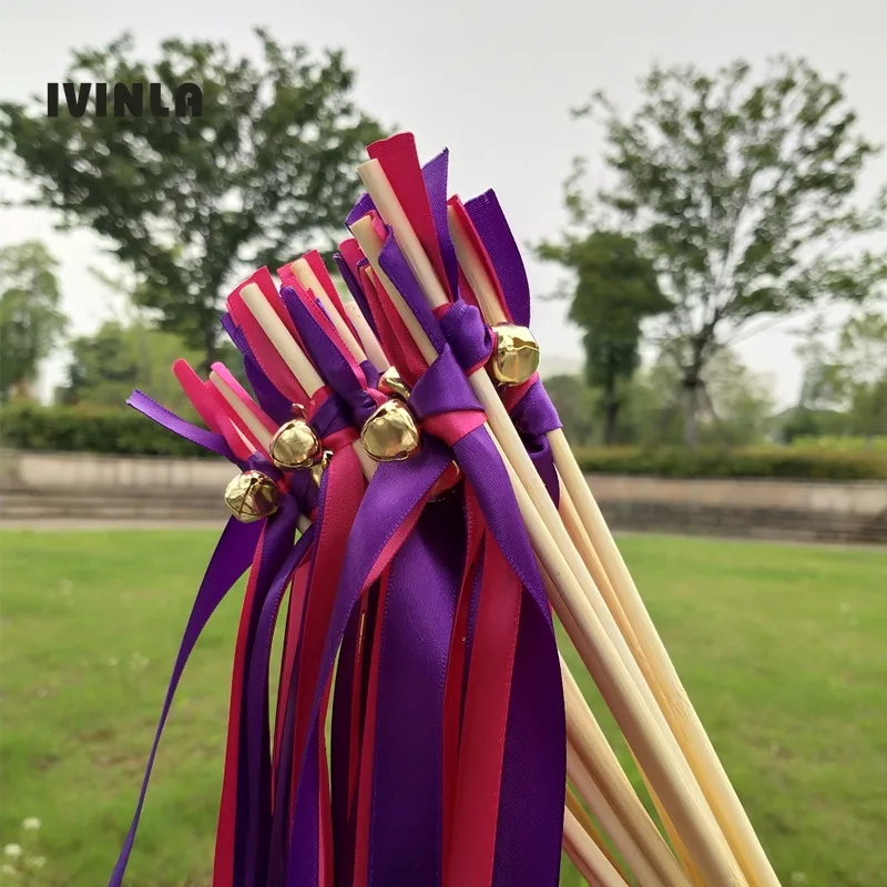 50pcs/lot fushia and purple wedding wands with gold bell for wedding decoration