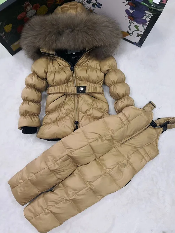 brand 2021 Winter Jacket Children down jackets & PANT duck down Fur hooded girl snowsuit boy Suit set outerwear ski suit famous