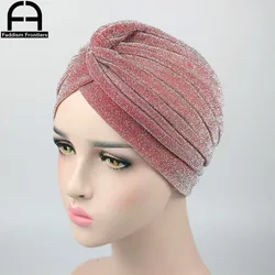 Fashion Women Shiny Turban Polyester Sparkly Turban Headband Hat Breathable Headwear Hair Accessories Muslim Turban