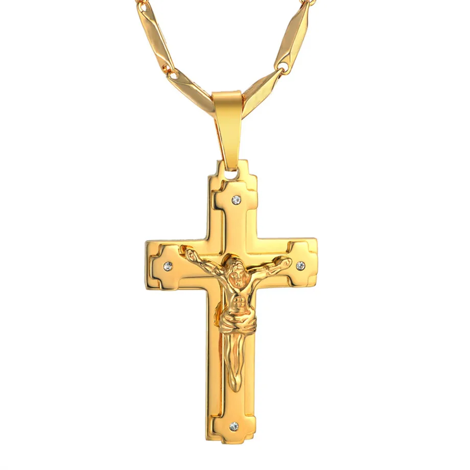 Crucifix & Cross Necklaces Pendants For Men Stainless Steel Gold Color Christ Jesus Piece Necklace Male Christian Jewelry