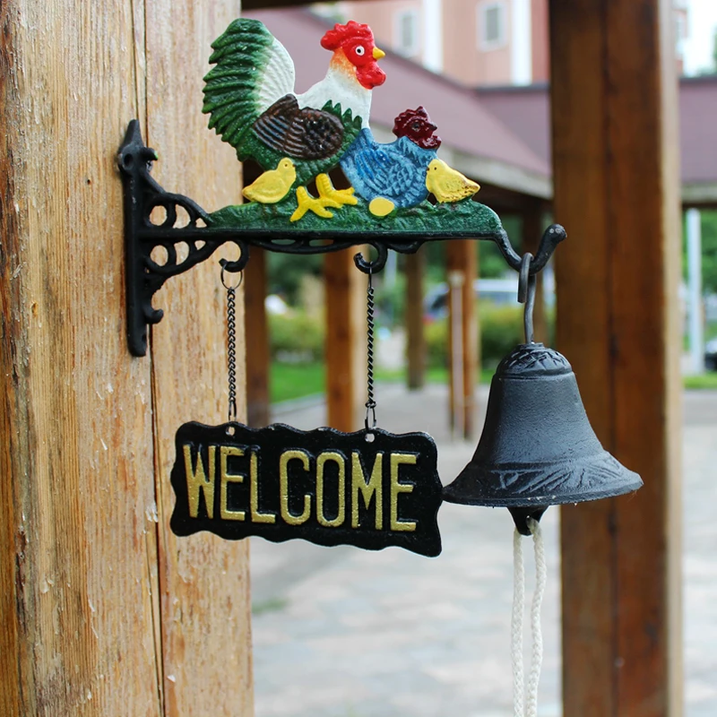 Vintage Country Style Black with Color Hand Painted Rooster Hens with Chicken Designs Cast Iron Door Decor Welcome Hanging Bell