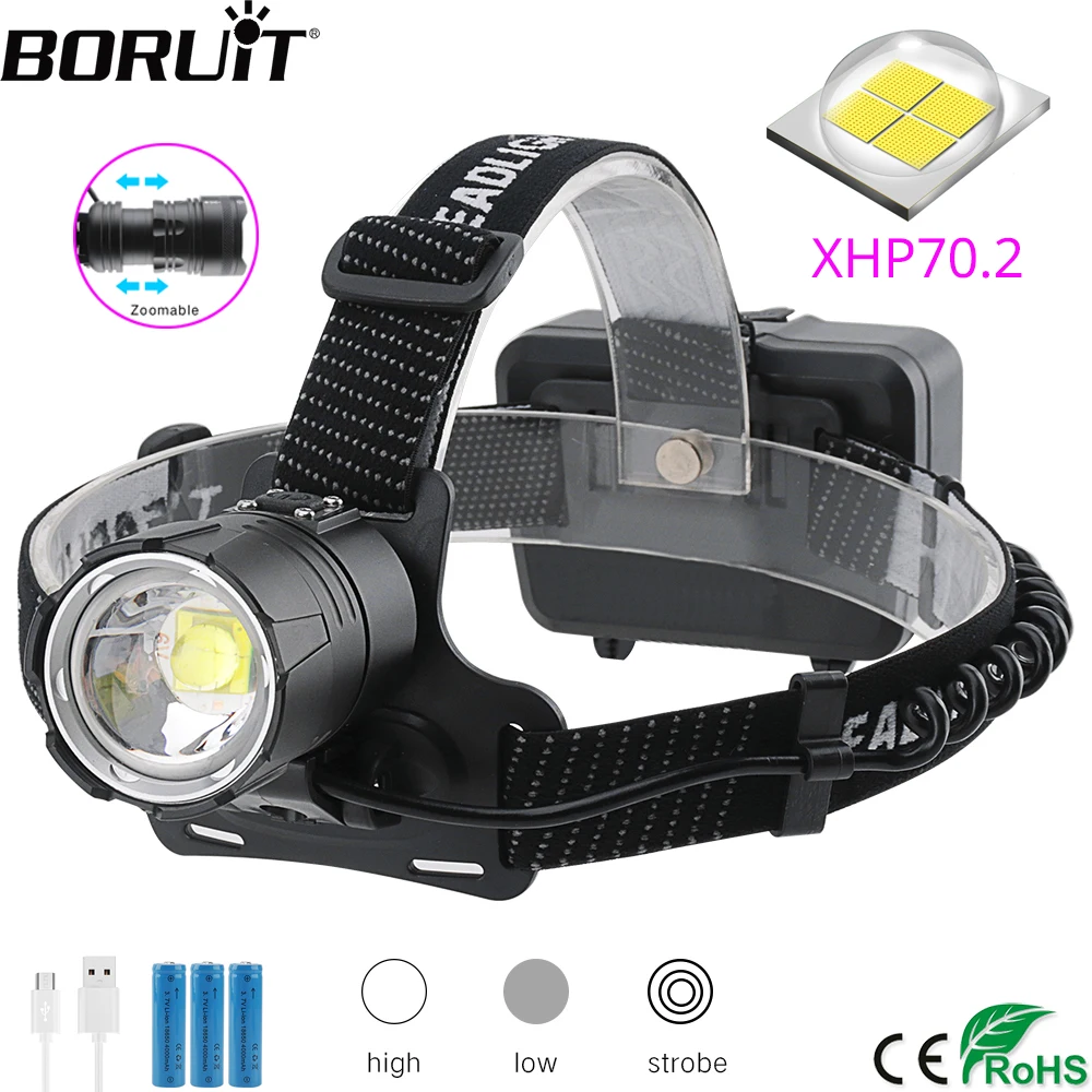 BORUIT XHP70.2 LED Powerful Headlamp 5000LM Zoomable Headlight USB Rechargeable Head Torch Waterproof Camping Fishing Lantern