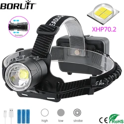 BORUIT-linterna frontal potente XHP70.2 LED, faro con zoom de 5000LM, recargable por USB, resistente al agua, para acampada y Pesca