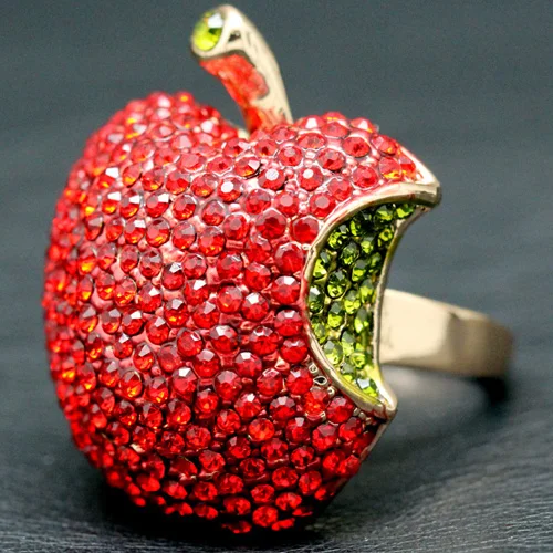 CHRAN Classic Red Crystal Apple Design Band Rings for Women Trend Gold Color Party Jewelry Perfect Ladies Gift