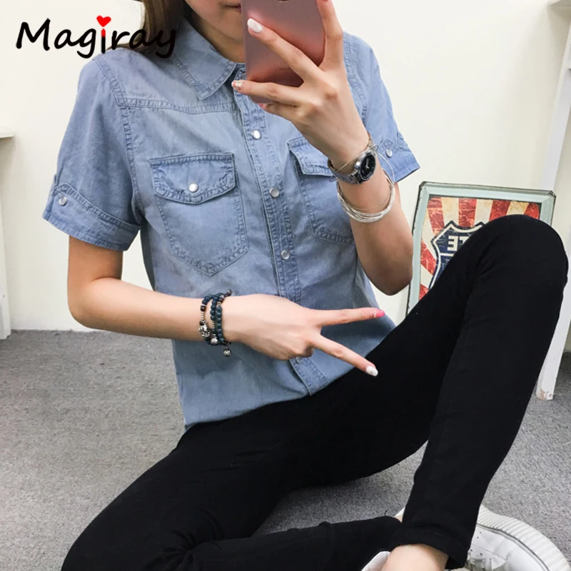 Magiray Harajuku Denim Blouse Women Summer Short Sleeve Vintage Jeans Shirt Femme Baggy Button Pocket Casual Blusa Feminina 316