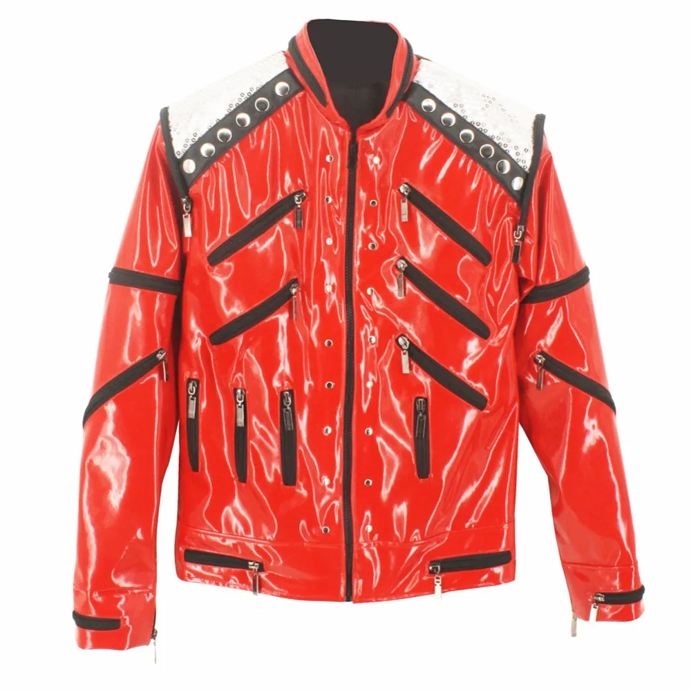 Michael Red Punk Beat It Motorcycle Zipper Sequins Leather Jacket Casual Dancer Shows Collection Gift