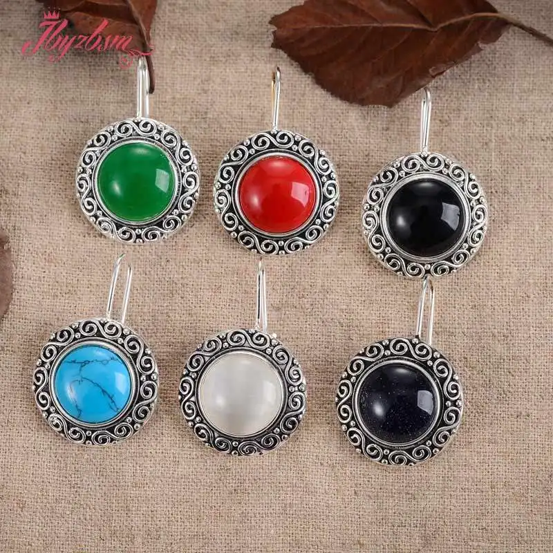 

14mm Coin Round:Agat,Sandstone,Turquois Gem Stone Beads White Tibetan Silver Fashion Pendant 1 Pcs,Length:22mm.Free Shipping