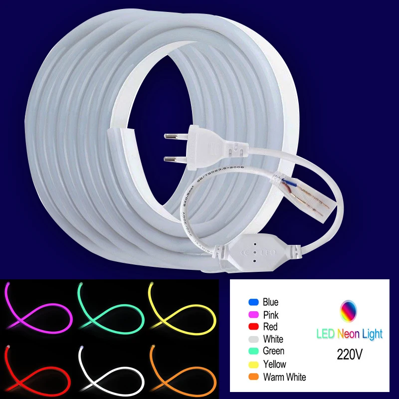 

1m 5m IP67 waterproof LED Strip Light Neon Flexible Rope Tube Red Green Blue white Yellow warm white 220VAC with EU Plug