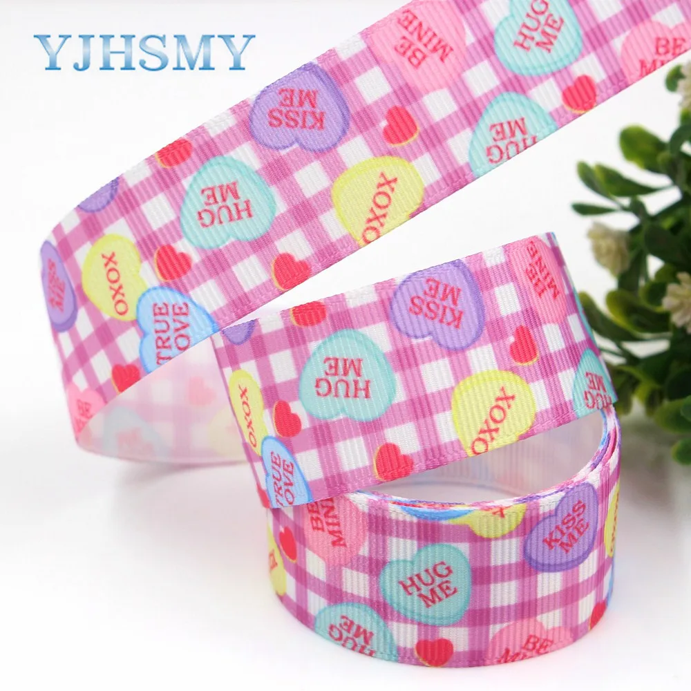 YJHSMY G-18702-587,25 mm 10 yards Heart-shaped Printed grosgrain ribbons,Valentine's Day DIY handmade Hair accessories Materials