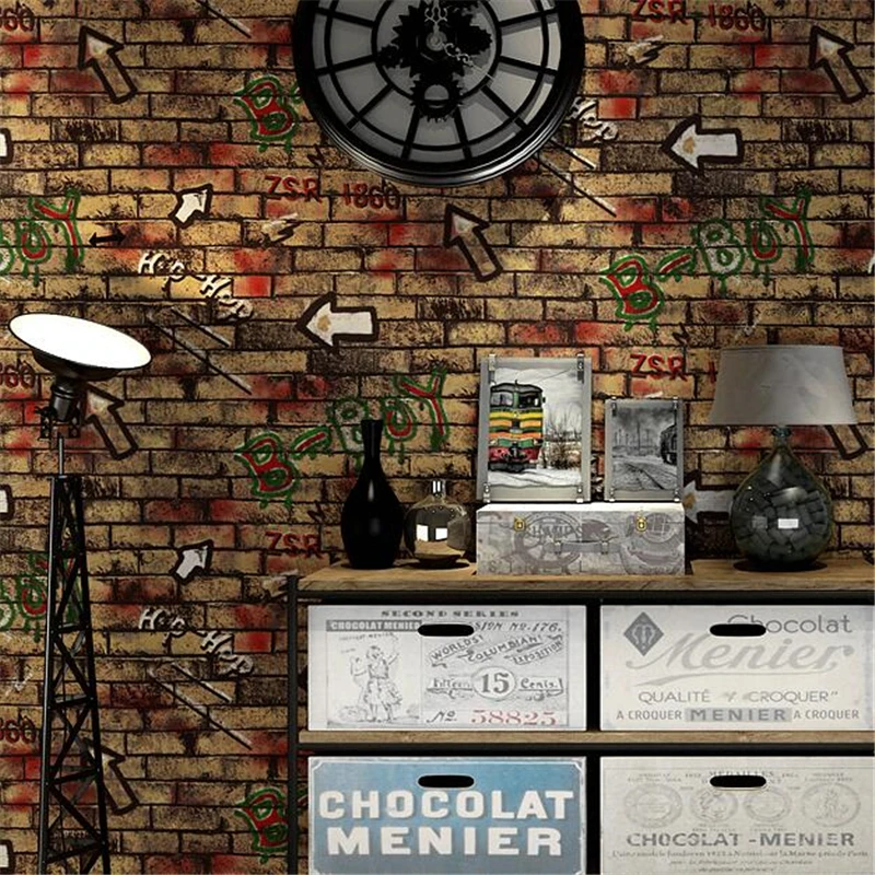 

beibehang Vintage Personality Letters Graffiti Bricks wall paper Pattern Bricks Wallpaper Restaurant Bar KTV Internet wallpaper