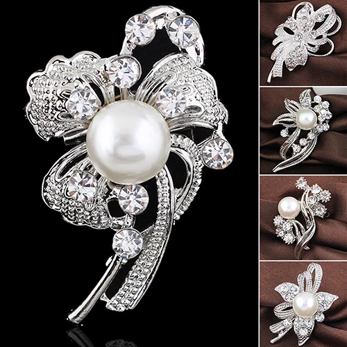 Classic Rhinestone Crystal Women Flower Brooches Bridal Bouquet Pin Simulated Pearl Broches Crystal Brooch Pins Women