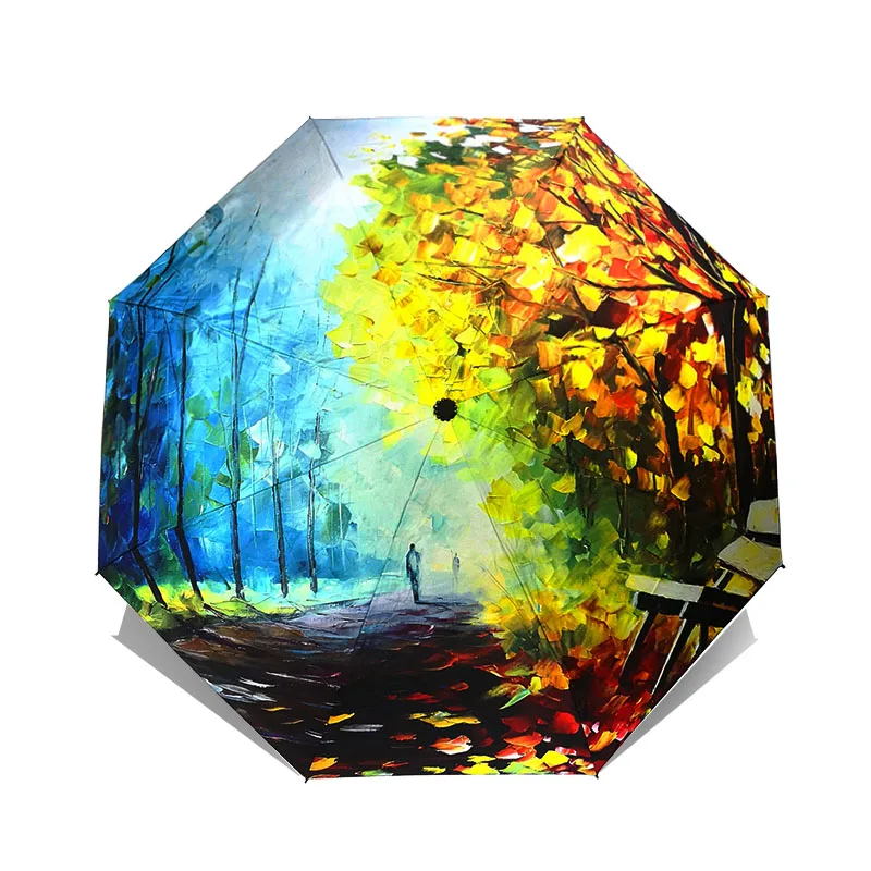 LIKE RAIN Folding Umbrella Female Van Gogh Painting Chinese Art Sakura Umbrellas Rain Women Windproof Anti-UV Sun Parasol YHS03