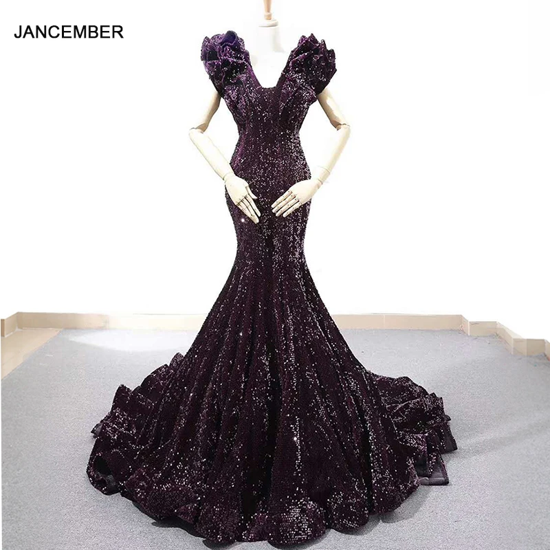 

J66736 jancember purple mermaid evening dress v-neck special cap sleeves trumpet long dress evening gown vestido de noiva sereia