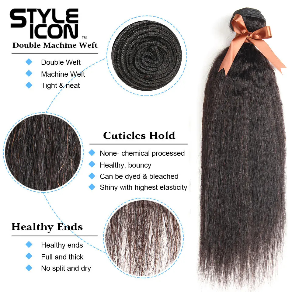 Styleicon 3 Bundles Kinky Straight Hair with Closure 100% Peruvian Human Hair Weave with Lace Closure Non-Remy Hair Weaving