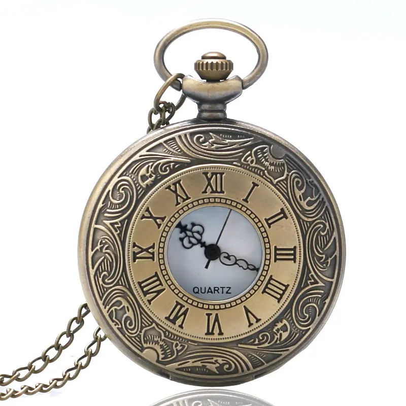 Antique Vintage Bronze Roman Number Quartz Pocket Watch Black Necklace Chain Men Women Fob Watches Fashion Clock Souvenir Gifts