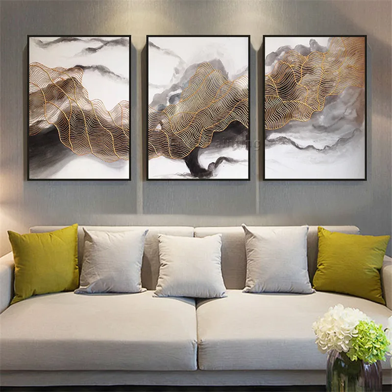 

3 Pieces acrylic canvas blue gold painting abstract thread quadro caudro decoracion Wall Art Pictures for living room wall decor