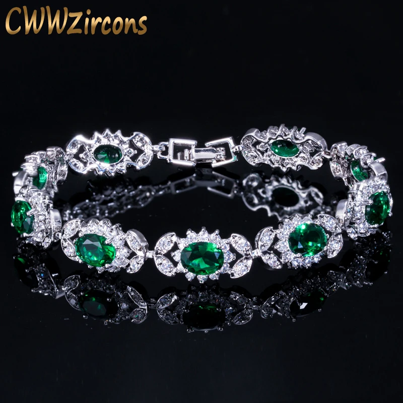 CWWZircons Luxury Dark Green Crystal Women Jewelry Flower Chain Link Bracelet Bangle with White Cubic Zirconia Setting CB171