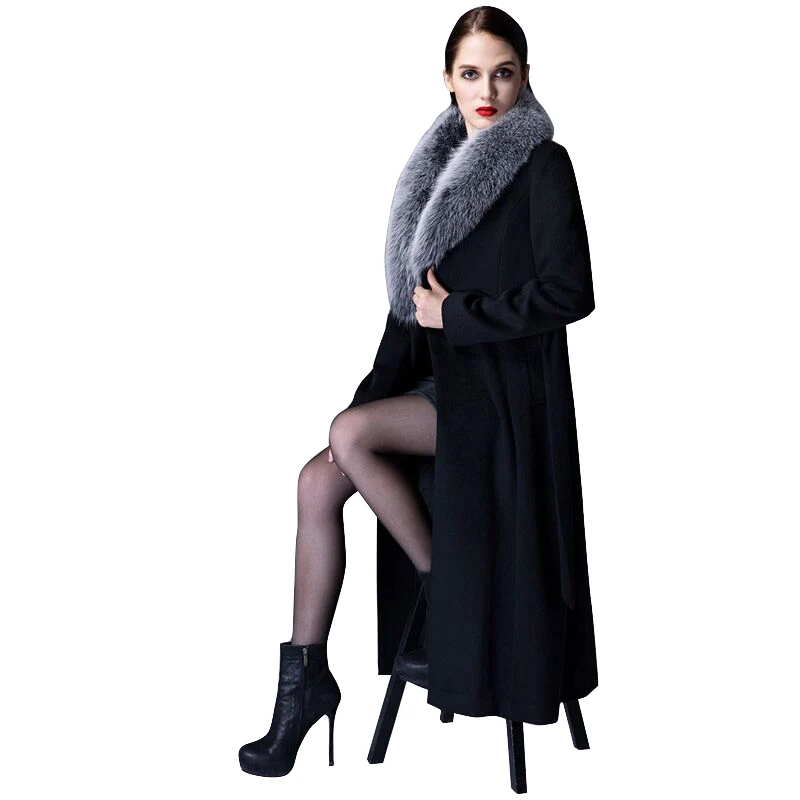 Women's Thick Warm Wool Trench Coat, Overknee Coat, Real Fox Fur Collar, Oversize, Thickened, Brand, Autumn, Winter