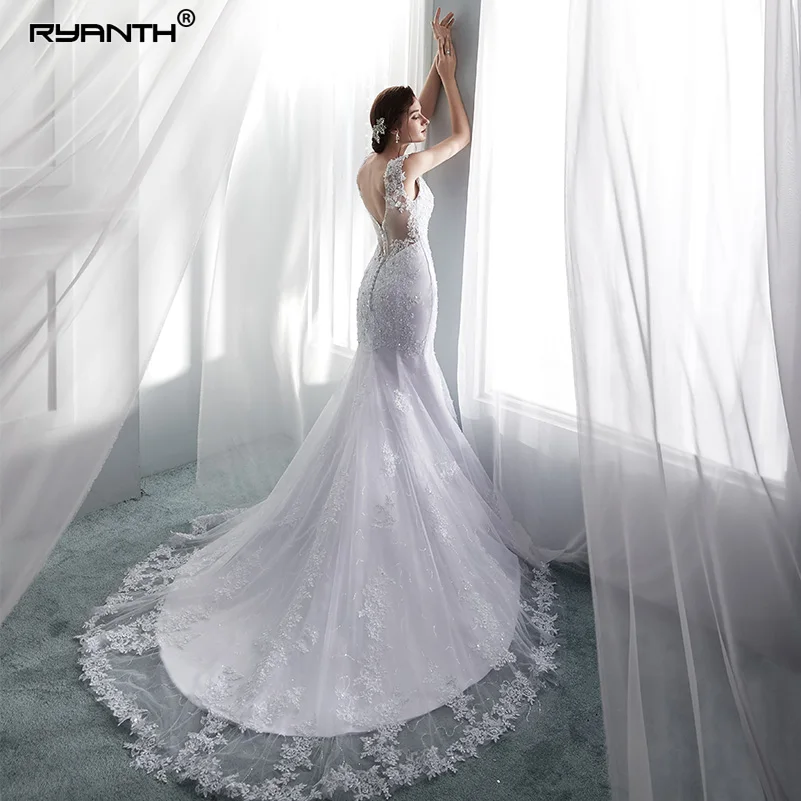 Ryanth Robe De Mariage Mermaid Brautkleider Cap Sleeve Sexy Spitze Brautkleider Illusion Zurück Brautkleid Vestido De Novia 2018