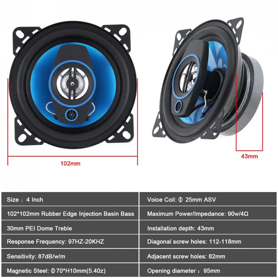 2pcs 4 Inch 2 Way 300W Car Speakers Automobile Car HiFi Audio Full Range Frequency Coaxial Speakers High Pitch Loudspeaker