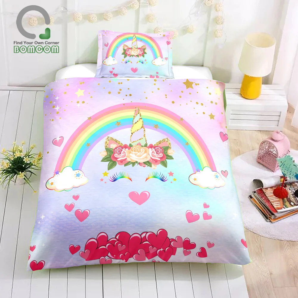 BOMCOM 3D Digital Printing Pink Unicorn Head Smiling Unicorn Face Glitter Star Pink Heart Nose Bedding Sets 100% Microfiber