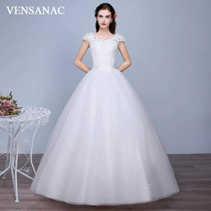 

VENSANAC Crystal Flowers V Neck Sequined Ball Gown Wedding Dresses Lace Appliques Sash Backless Bridal Gowns