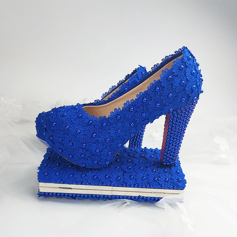 BaoYaFang Fashion Thick Heel Royal Blue Flower Wedding shoes for woman High heel platform shoes with matching bags