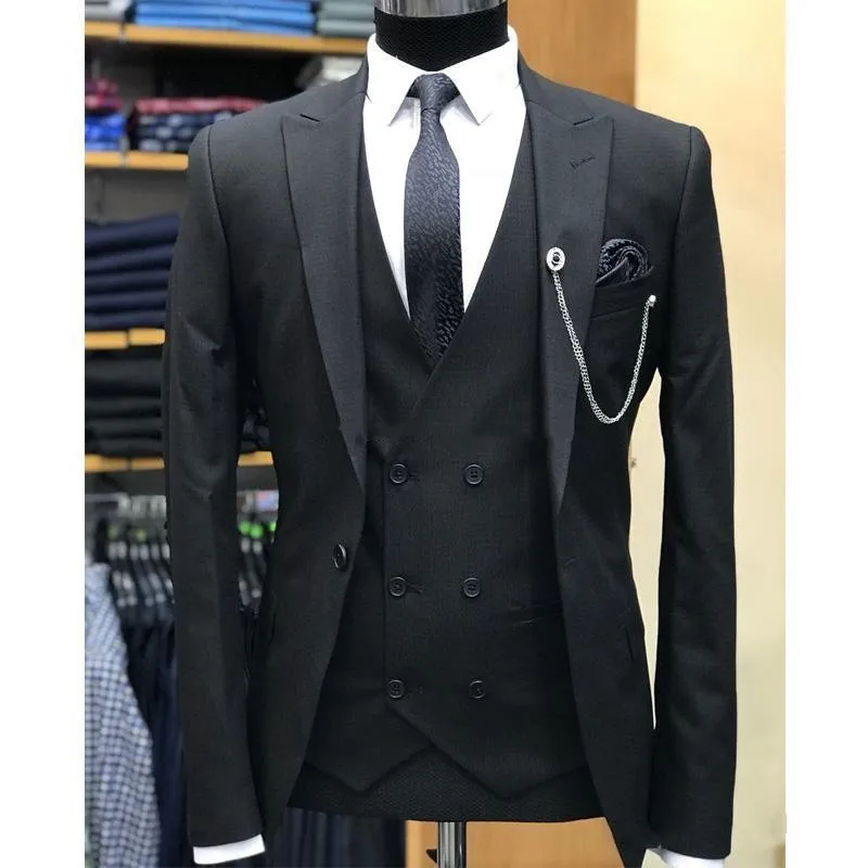 

Men Suit One Button Black Groom Wedding Tuxedos Peak Lapel Men Suits Best Man Blazer (Jacket+Pants+Vest+Tie) terno masculino