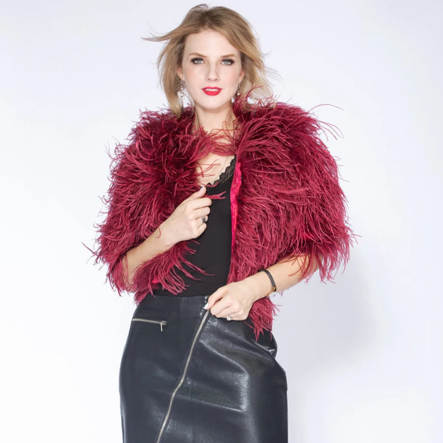 Abrigo corto de plumas de avestruz real para mujer, chaqueta sexy de lana de pavo, venta al por mayor