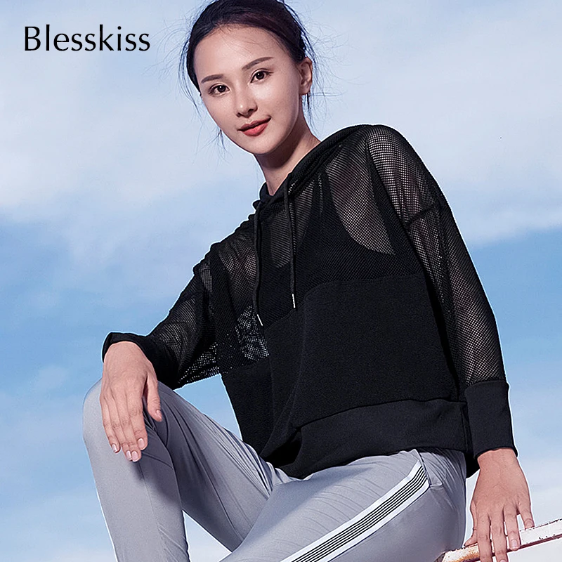 BLESSKISS Mesh Sport Shirt For Women Yoga Top Quick Dry Fitness Sports Gym Long Sleeve Jacket Activewear