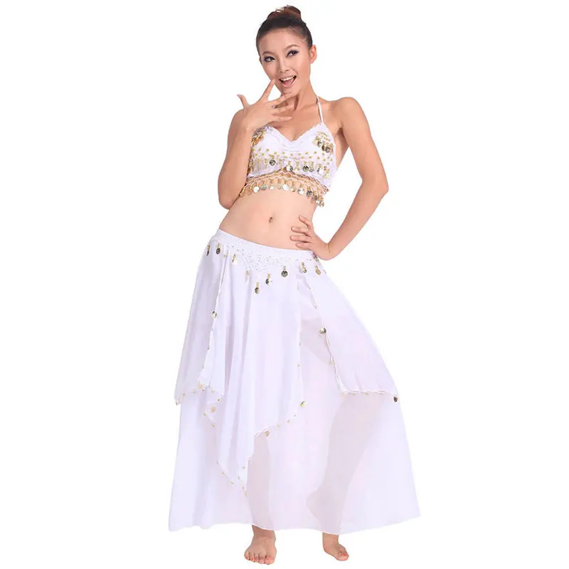 Belly Dancing Stage Performance Oriental Belly Dancing Clothes 2pieces Suit Top Shirt + Skirt Belly Dance Costume Set White