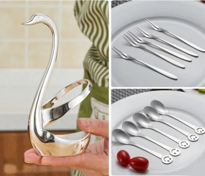 

Stainless Steel Fruit Fork Coffee Scoop Set Creative Swan Tableware Set Scoop and Forks bento swan food picks bento accessories