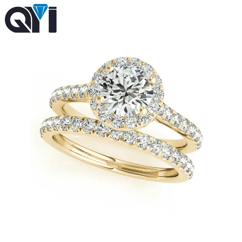 

14k Yellow Gold Halo Engagement Ring Sets 1 Ct Round Moissanite Diamond Luxury Wedding Band Rings For Women