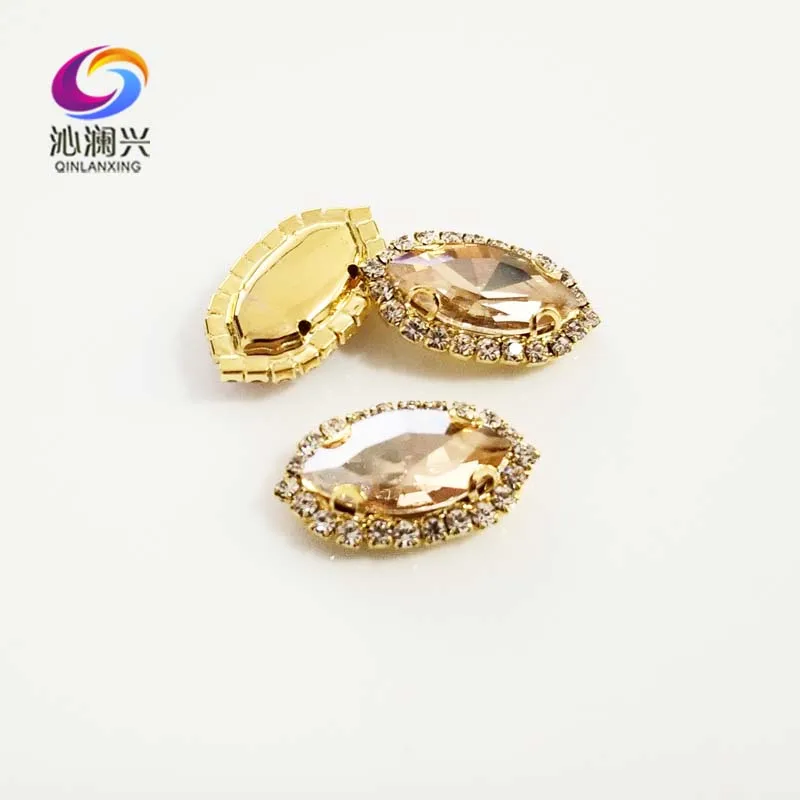 Gold Bottom Champagne Color Glass Crystal Rhinestones, Eye Shape Sew on Buckle, Used for Needlework, Clothing Sewing Accessories