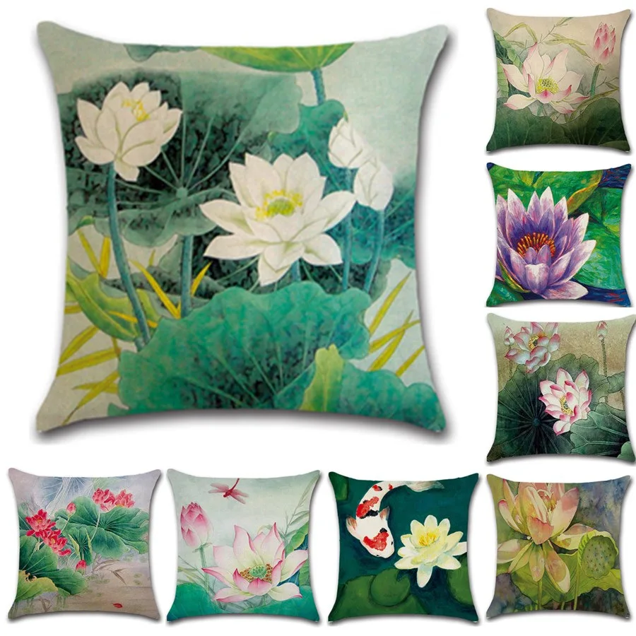 

Watercolor Retro Lotus Flower Home Decorative Pillow Cover For Sofa Vintage Linen Office Chair Cushion Cover 45x45 cm