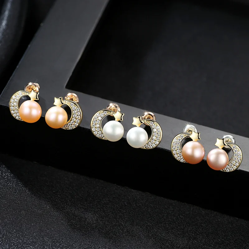 Moon And Star Natural Freshwater Pearl Stud Earrings 925 Silver Jewelry For Women JPSE047