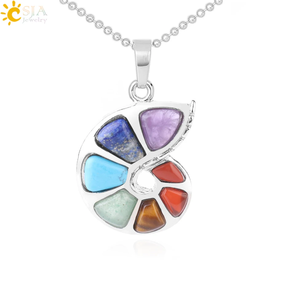 CSJA Spiral Shape Pendant Natural Stone 7 Chakra Necklaces & Pendants for Women Men Yoga Reiki Healing Bead Fashion Jewelry F737